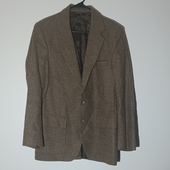 Farah Woff Sz 40 L Blazer Sports Coat Jacket Brown Tweed Leather Elbow 100% Wool - Picture 1 of 12